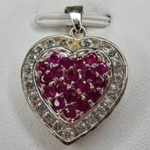 925 Sterling Silver Red Ruby and Clear CZ Heart Pendant 1"L